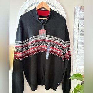 Chaps Black Sweater with Red and White Pattern 1/4 zip winter